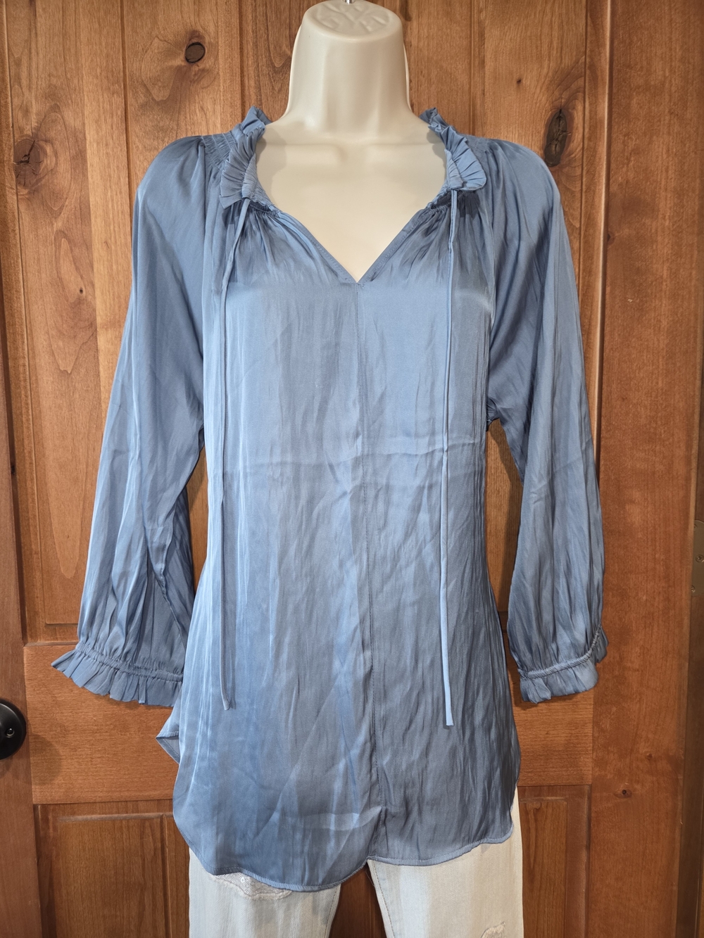 Carmen Marc Valvo Slate-Blue V-Neck Peasant Blouse with Ties - Picture 1 of 7